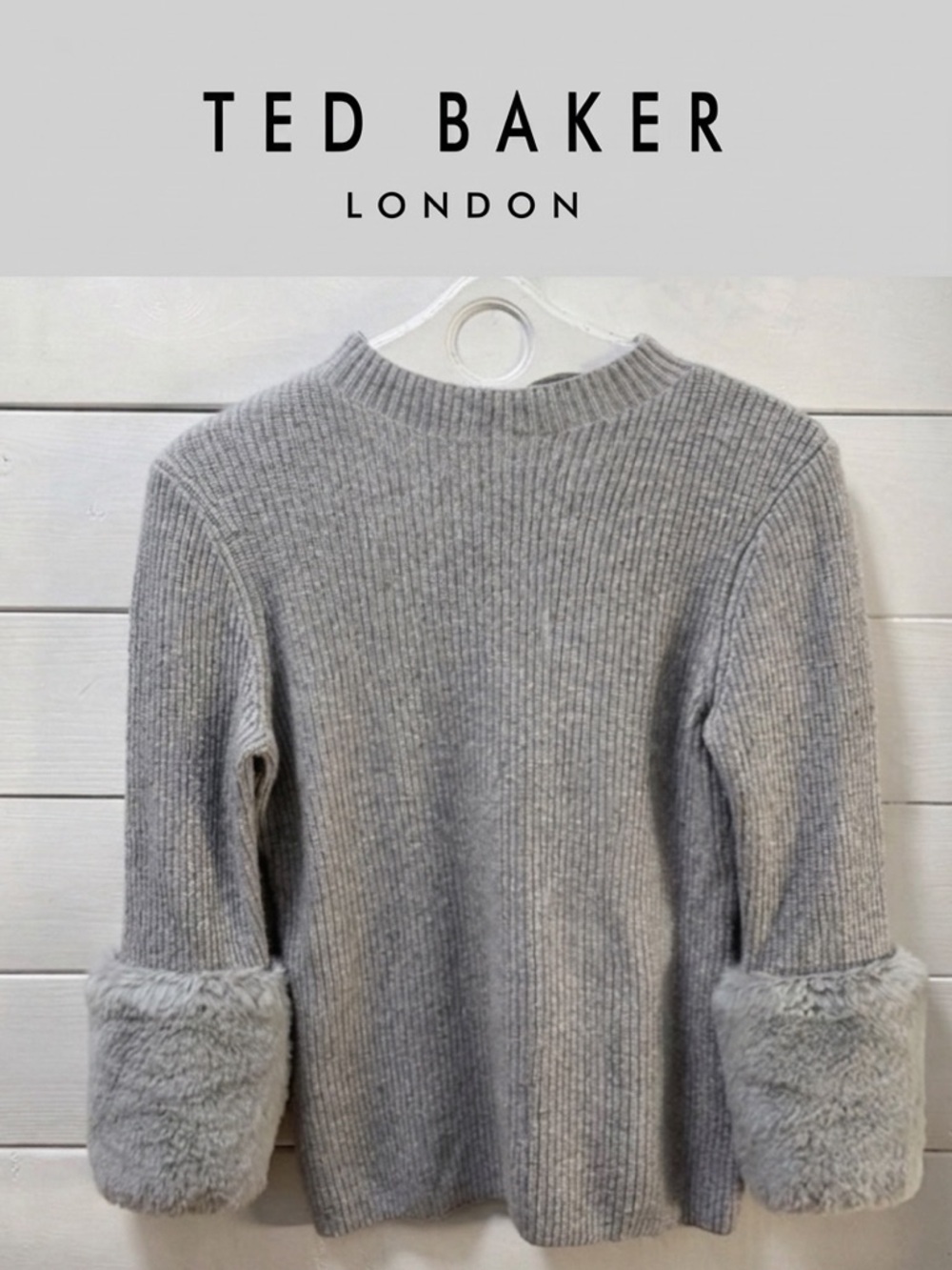 TED BAKER LONDON Grey Knit Sweater Faux Fur Cuffs – Size 3 (M)